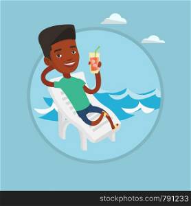 African-american man sitting on a beach chair. Man drinking a cocktail on a beach chair. Joyful man resting on beach with cocktail. Vector flat design illustration in the circle isolated on background. Man relaxing on beach chair vector illustration.