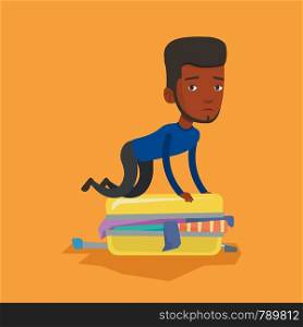 African-american man sitting on suitcase and trying to close it. Frustrated man having problems with packing a lot of clothes into a single suitcase. Vector flat design illustration. Square layout.. Young man trying to close suitcase.