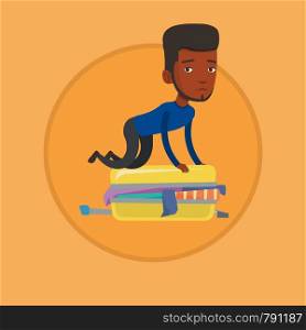 African-american man sitting on suitcase and trying to close it. Frustrated man having problems with packing clothes in suitcase. Vector flat design illustration in the circle isolated on background.. Young man trying to close suitcase.