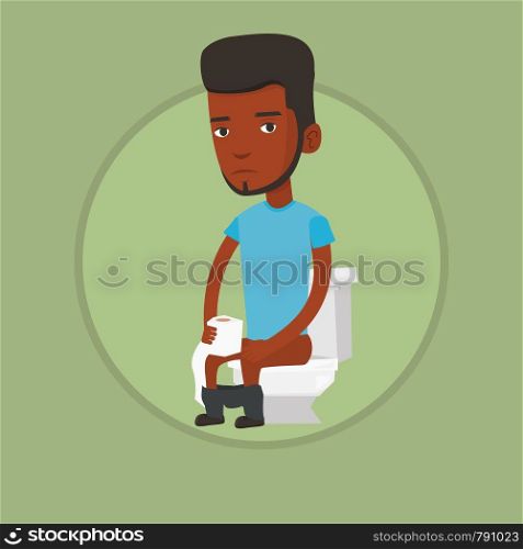 African-american man sitting on toilet bowl and suffering from diarrhea. Man holding toilet paper roll and suffering from diarrhea. Vector flat design illustration in the circle isolated on background. Man suffering from diarrhea or constipation.