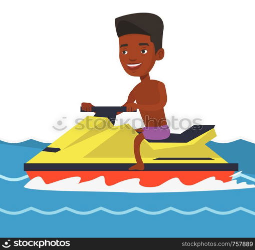 African-american man sitting on water scooter. Man riding on a water scooter in the sea at summer day. Man training on water scooter. Vector flat design illustration isolated on white background.. African-american man training on jet ski in sea.