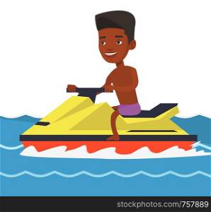 African-american man sitting on water scooter. Man riding on a water scooter in the sea at summer day. Man training on water scooter. Vector flat design illustration isolated on white background.. African-american man training on jet ski in sea.