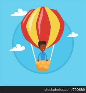 African-american man standing in the basket of hot air balloon. Man flying in a hot air balloon. Man traveling in hot air balloon. Vector flat design illustration in the circle isolated on background.. Man flying in hot air balloon vector illustration.