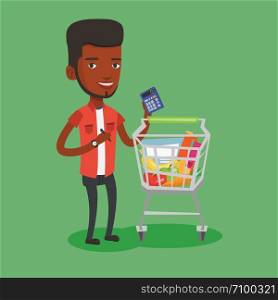 African-american man standing near supermarket trolley with calculator in hand. Young man checking prices on calculator. Customer counting on calculator. Vector flat design illustration. Square layout. Customer counting on calculator.