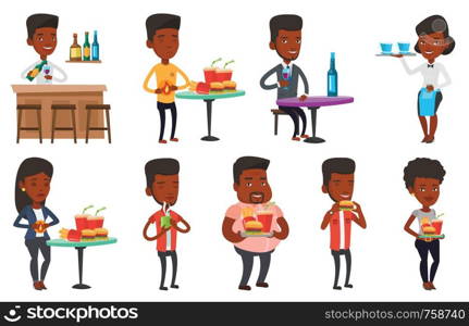 African-american man suffering from heartburn after fast food. Man having lunch in a fast food restaurant. Man eating fast food. Set of vector flat design illustrations isolated on white background.. Vector set of people eating and drinking.