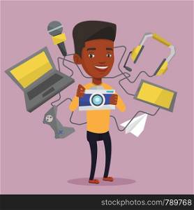 African-american man taking photo with digital camera. Man surrounded with gadgets. Man using many electronic gadgets. Guy addicted to modern gadgets. Vector flat design illustration. Square layout.. Young man surrounded with his gadgets.