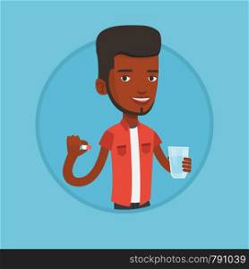 African-american man taking pills. Man holding pills and glass of water in hands. Man taking vitamins. Healthy lifestyle concept. Vector flat design illustration in the circle isolated on background.. Young african-american man taking pills.