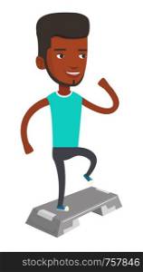 African-american man training with stepper in gym. Man doing step exercises. Man working out with stepper. Sportsman standing on stepper. Vector flat design illustration isolated on white background.. Man exercising on steeper vector illustration.