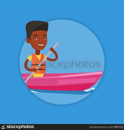 African-american man traveling by kayak. Sportsman riding in a kayak in the river. Male kayaker paddling. Man paddling a canoe. Vector flat design illustration in the circle isolated on background.. Man riding in kayak vector illustration.