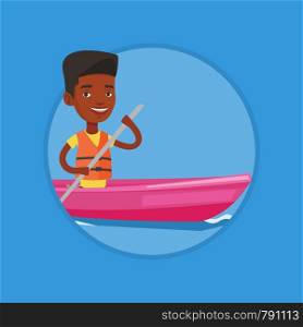 African-american man traveling by kayak. Sportsman riding in a kayak in the river. Male kayaker paddling. Man paddling a canoe. Vector flat design illustration in the circle isolated on background.. Man riding in kayak vector illustration.