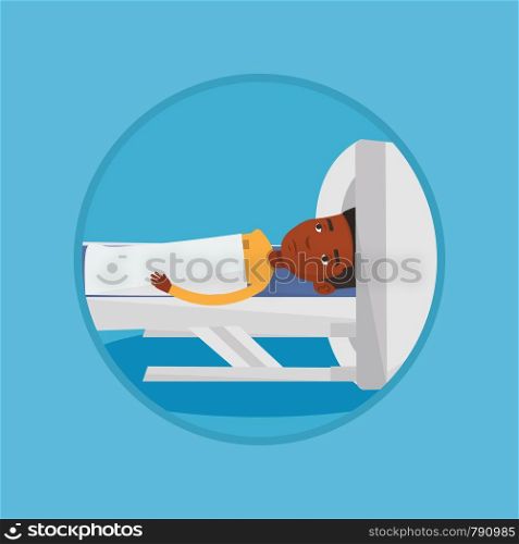 African-american man undergoes a magnetic resonance imaging scan test. Magnetic resonance imaging machine scanning a patient. Vector flat design illustration in the circle isolated on background.. Magnetic resonance imaging vector illustration.