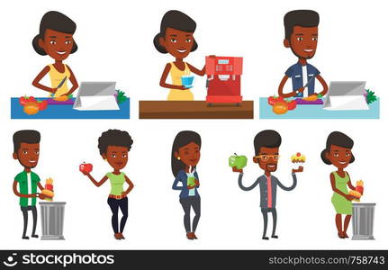 African-american man using coffee-machine. Smiling man holding cup of hot coffee in hand. Man standing beside a coffee machine. Set of vector flat design illustrations isolated on white background.. Vector set of people eating and drinking.