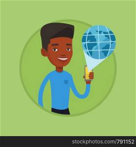 African-american man using global network. Man holding a smartphone with a virtual globe model. Global communication concept. Vector flat design illustration in the circle isolated on background.. International technology communication.