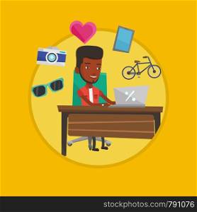 African-american man using laptop for online shopping. Man doing online shopping. Man buying in online shop. Guy buying on internet Vector flat design illustration in the circle isolated on background. Man shopping online vector illustration.