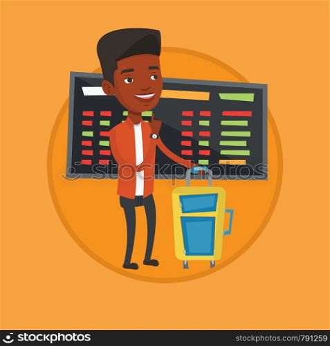 African-american man waiting for a flight at the airport. Passenger standing at the airport on the background of departure board. Vector flat design illustration in the circle isolated on background.. Young man waiting for flight at the airport.