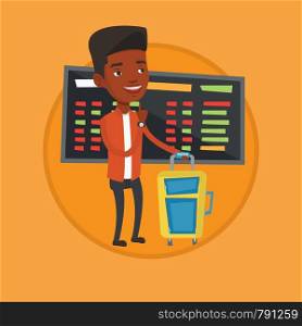 African-american man waiting for a flight at the airport. Passenger standing at the airport on the background of departure board. Vector flat design illustration in the circle isolated on background.. Young man waiting for flight at the airport.