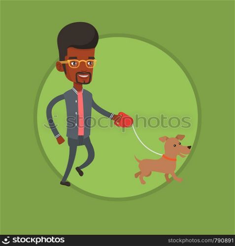 African-american man walking with his small dog. Young man with his dog. Happy man taking dog on walk. Man walking a dog on leash. Vector flat design illustration in the circle isolated on background.. Young man walking with his dog vector illustration