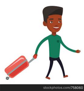 African-american man walking with suitcase. Young passenger walking with suitcase. Full length of smiling man pulling suitcase. Vector flat design illustration isolated on white background.. African man walking with suitcase.