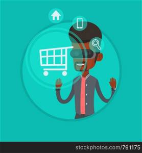 African-american man wearing virtual reality headset and looking at shopping cart. Virtual reality and shopping online concept. Vector flat design illustration in the circle isolated on background.. Man in virtual reality headset shopping online.