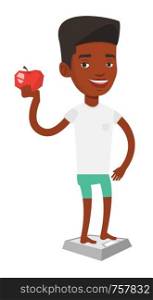 African-american man weighing after diet. Man satisfied with the result of his diet. Man on a diet. Dieting and healthy lifestyle concept. Vector flat design illustration isolated on white background.. Man standing on scale and holding apple in hand.