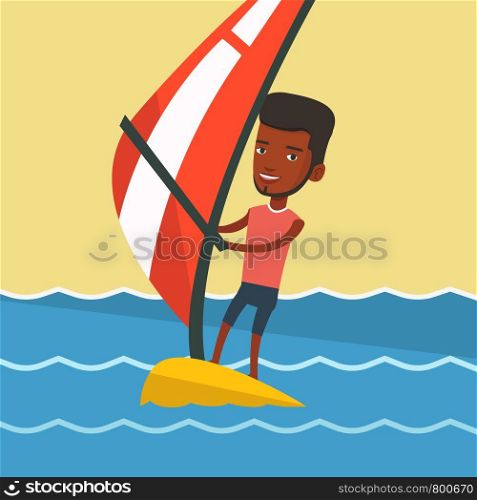 African-american man windsurfing in a summer day. Windsurfer standing on the board with sail and learning to windsurf. Windsurfer training on the water. Vector flat design illustration. Square layout.. Young man windsurfing in the sea.