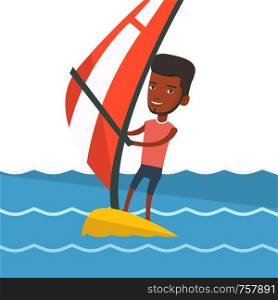 African-american man windsurfing in the sea. Man standing on board with sail and learning to windsurf. Windsurfer training on the water. Vector flat design illustration isolated on white background.. Young man windsurfing in the sea.
