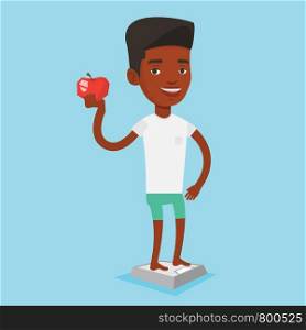 African-american man with apple in hand weighing after diet. Man satisfied with result of his diet. Man on a diet. Dieting and healthy lifestyle concept. Vector flat design illustration. Square layout. Man standing on scale and holding apple in hand.