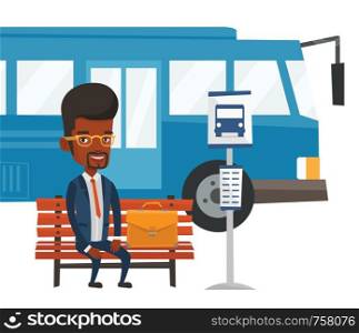 African-american man with briefcase waiting at the bus stop. Businessman sitting at the bus stop. Businessman sitting on a bus stop bench. Vector flat design illustration isolated on white background.. Business man waiting at the bus stop.