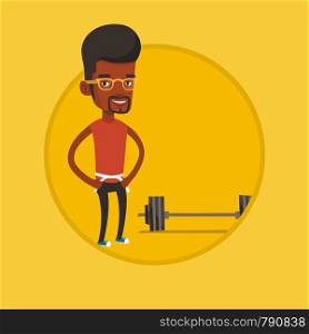 African-american man with centimeter on a waist. Man measuring his waistline with a tape. Man measuring with tape the abdomen. Vector flat design illustration in the circle isolated on background.. Man measuring waist vector illustration.