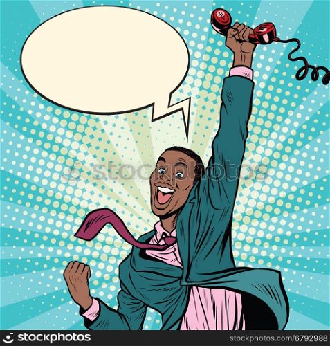 African American man with phone happiness emotions, pop art retro comic book vector illustration