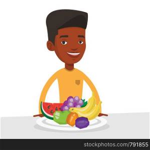 African-american man with plate full of fruits. Young man standing in front of table full of fresh fruits. Man eating fresh healthy fruits. Vector flat design illustration isolated on white background. Man with fresh fruits vector illustration.