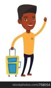 African-american man with suitcase hitchhiking. Hitchhiking man trying to stop a car on a highway. Man catching taxi car by waving hand. Vector flat design illustration isolated on white background.. Young man hitchhiking vector illustration.