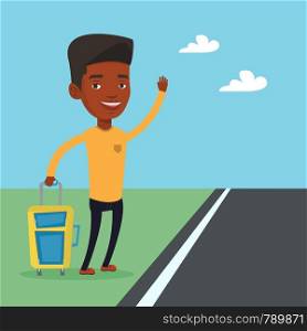 African-american man with suitcase hitchhiking on roadside. Hitchhiking man trying to stop a car on a highway. Man catching taxi car by waving hand. Vector flat design illustration. Square layout.. African man hitchhiking vector illustration.