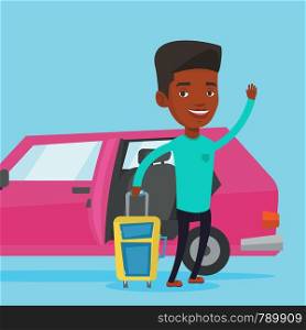 African-american man with suitcase standing on the background of open car door. Young happy man waving in front of car. Man going to vacation by car. Vector flat design illustration. Square layout.. African-american man traveling by car.