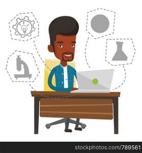 African-american man working on a laptop and writing notes. Student sitting at the table with laptop. Student using laptop for education. Vector flat design illustration isolated on white background.. Student using laptop for education.