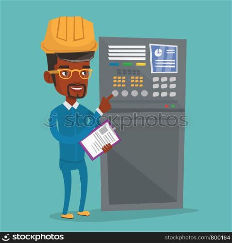 African-american man working on control panel. Worker pressing button at control panel. Engineer with clipboard standing in front of the control panel. Vector flat design illustration. Square layout.. Engineer standing near control panel.