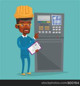 African-american man working on control panel. Worker pressing button at control panel. Engineer with clipboard standing in front of the control panel. Vector flat design illustration. Square layout.. Engineer standing near control panel.