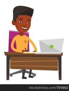 African-american man working on laptop and writing notes. Student sitting at the table with laptop. Student using laptop for education. Vector flat design illustration isolated on white background.. Student using laptop for education.