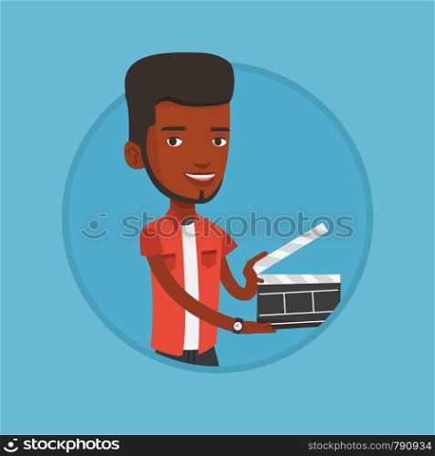 African-american man working with a clapperboard. Smiling man holding an open clapperboard. Man holding blank movie clapperboard. Vector flat design illustration in the circle isolated on background.. Smiling man holding an open clapperboard.