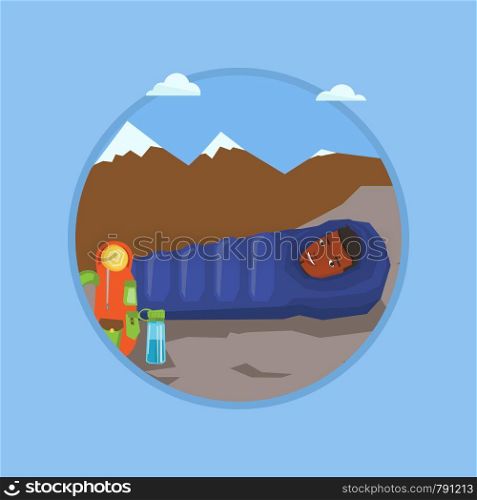 African-american man wrapped up in a mummy sleeping bag. Smiling man relaxing in a sleeping bag while camping in the mountains. Vector flat design illustration in the circle isolated on background.. Man sleeping in sleeping bag in the mountains.