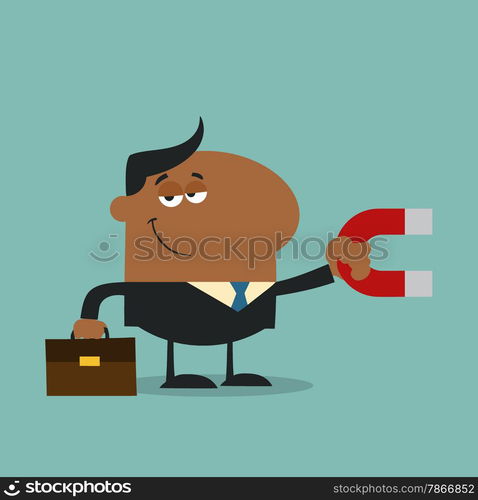 African American Manager Holding A Magnet.Flat Design Style