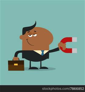 African American Manager Holding A Magnet.Flat Design Style