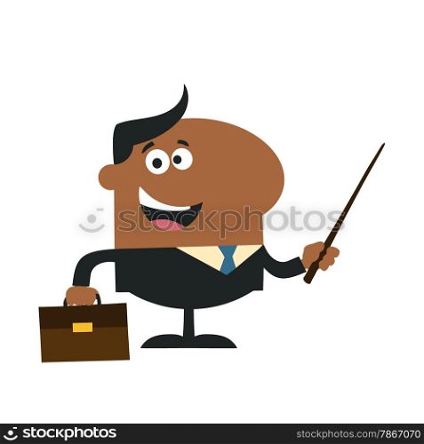 African American Manager Holding A Pointer Stick.Flat Style Illustration Isolated On White