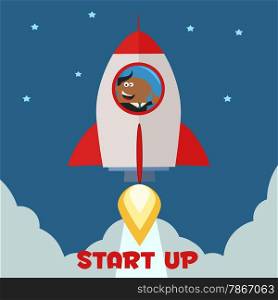 African American Manager Launching A Rocket To The Sky And Giving Thumb Up.Flat Style Illustration With Text