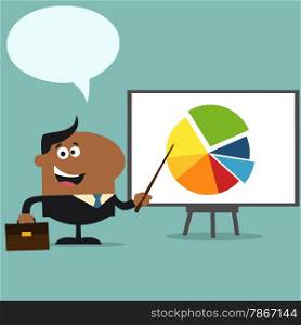 African American Manager Pointing Progressive Pie Chart On A Board.Flat Style Illustration With Speech Bubble