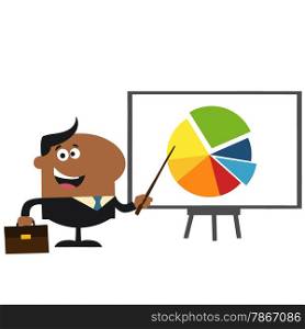 African American Manager Pointing Progressive Pie Chart On A Board.Flat Style