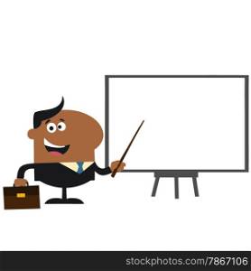 African American Manager Pointing To A White Board.Flat Style Illustration Isolated On White