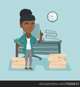 African-american manager standing in the office and pointing at time on clock. Young manager working against time. Concept of deadline and time management. Vector cartoon illustration. Square layout.. Young african manager pointing forefinger up.