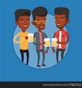 African-american men drinking beer. Beer fans toasting and clinking glasses of beer. Group of young friends enjoying a beer at pub. Vector flat design illustration in the circle isolated on background. Group of friends enjoying beer at pub.