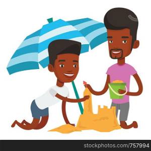 African-american men making sand castle on the beach. Friends building sand castle under beach umbrella. Tourism and beach holiday concept. Vector flat design illustration isolated on white background. Friends building sandcastle on beach.